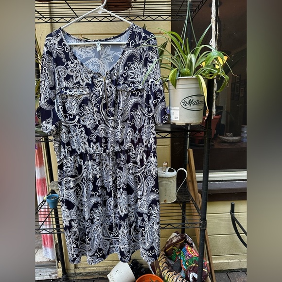 PERCEPTION Black and White Paisley Midi Dress tie waist button front pockets 2X - Picture 1 of 10